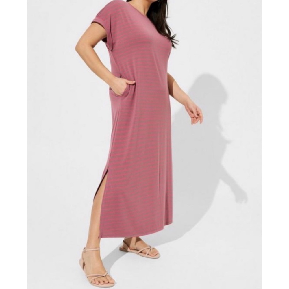 🆕 Pink Striped Tea Length Jersey Rolled Sleeve T-Shirt Dress NWT Torrid New